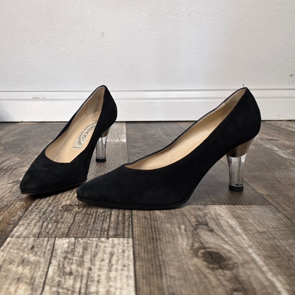 Vintage Black Suede Lucite Heel Pumps Vero Cuoio Giorgio Fabiani Size 38 1/2